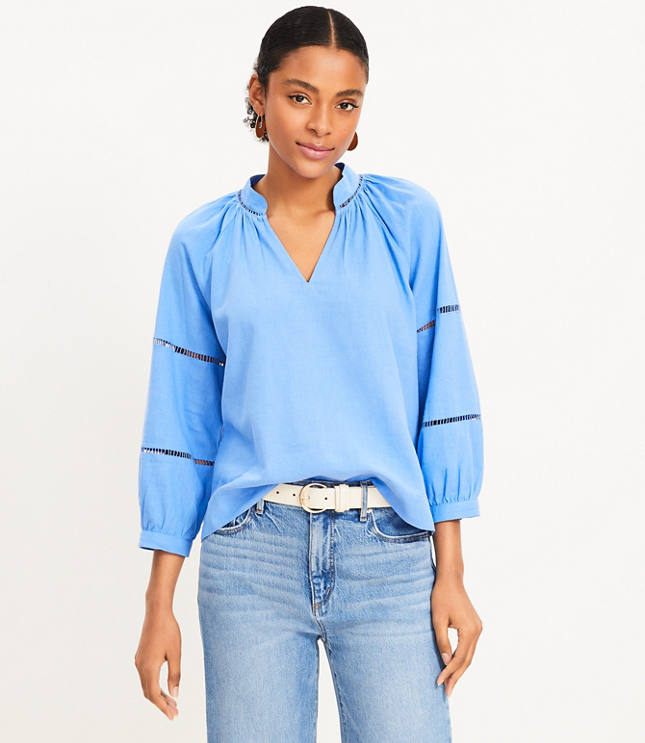 Petite Cutout Linen Blend V-Neck Top - Ultramarine