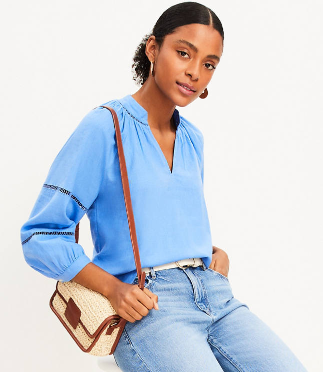 Petite Cutout Linen Blend V-Neck Top