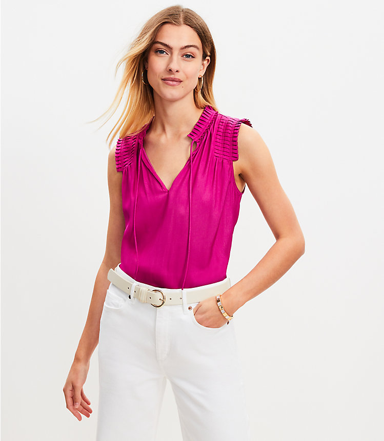 Petite Pleated Tie Neck Top image number null