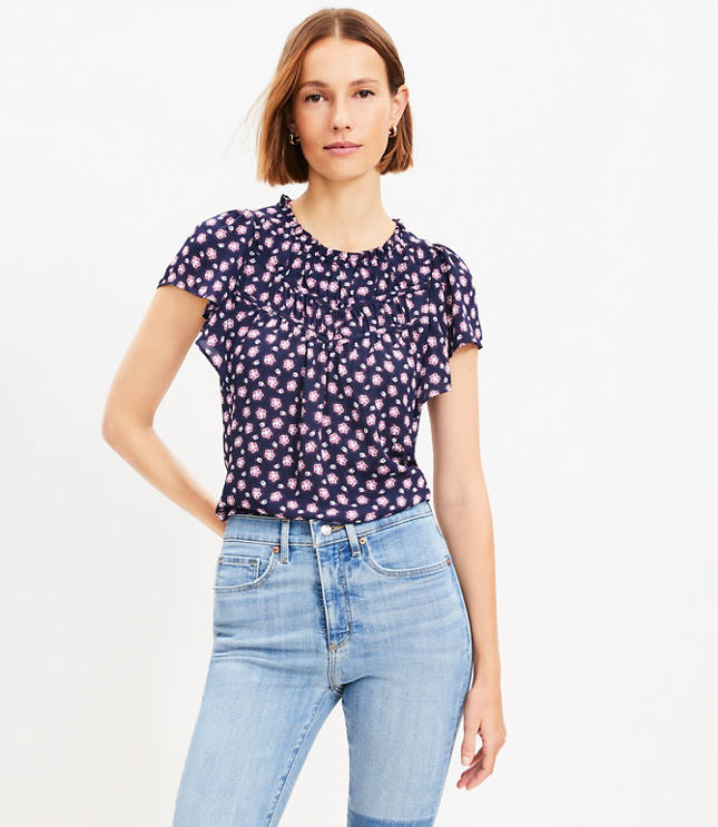 LOFT Petite Buttercup Floral Pleated Mixed Media Top - ShopStyle