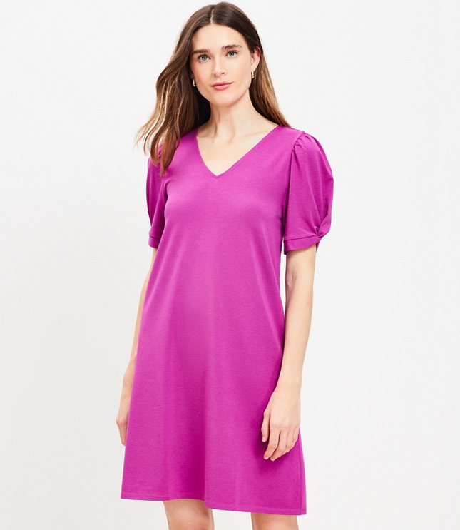 Petite Knotted Puff Sleeve V-Neck Dress