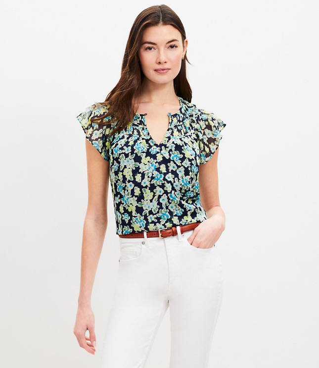 Petite Paisley Ruffle Yoke Tie Neck Top