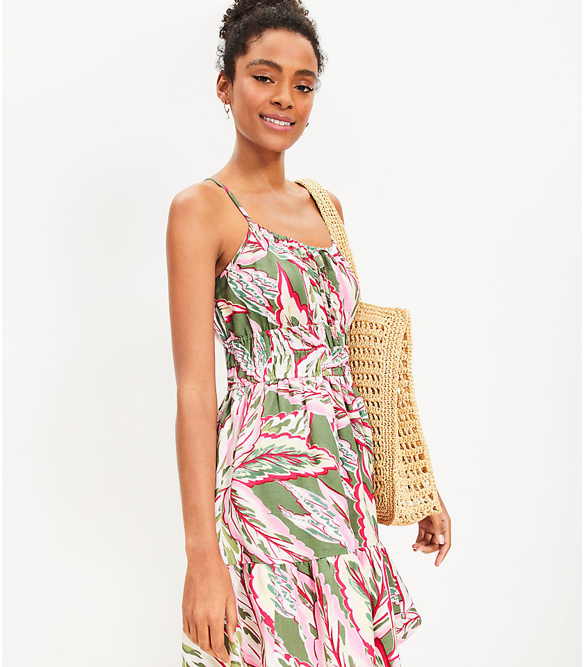 Petite LOFT Beach Palm Strappy Smocked Tiered Dress