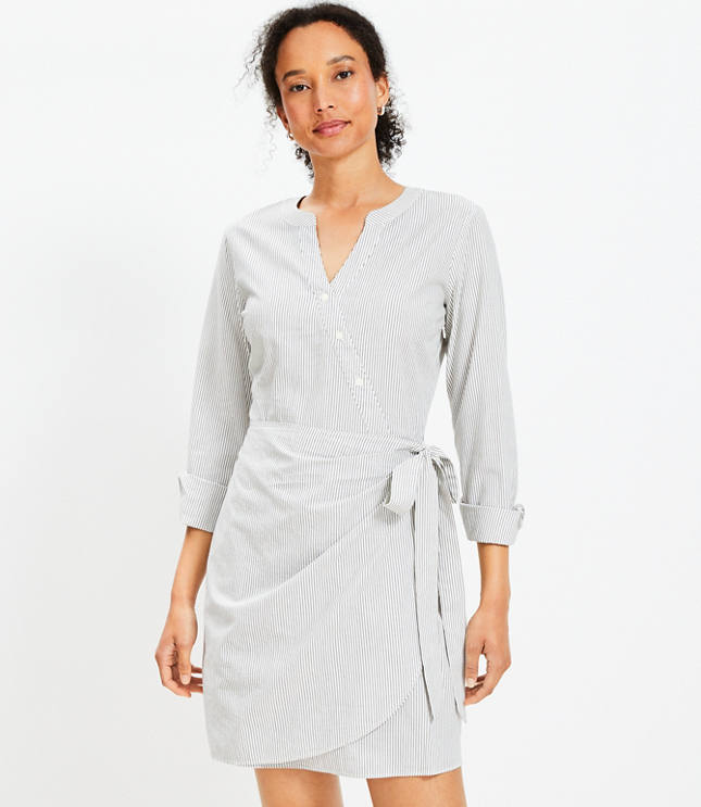 Petite Striped Mini Wrap Shirtdress