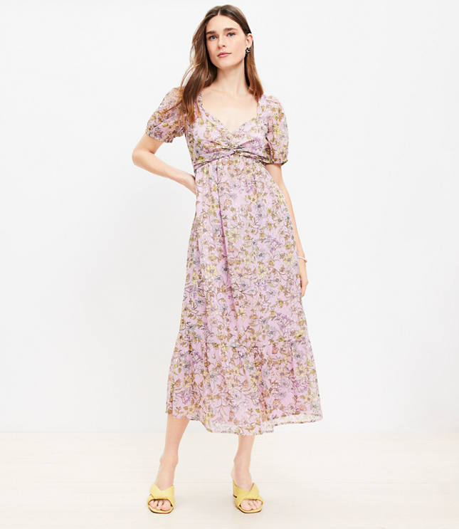 Petite Floral Clip Knotted Balloon Sleeve Midi Dress