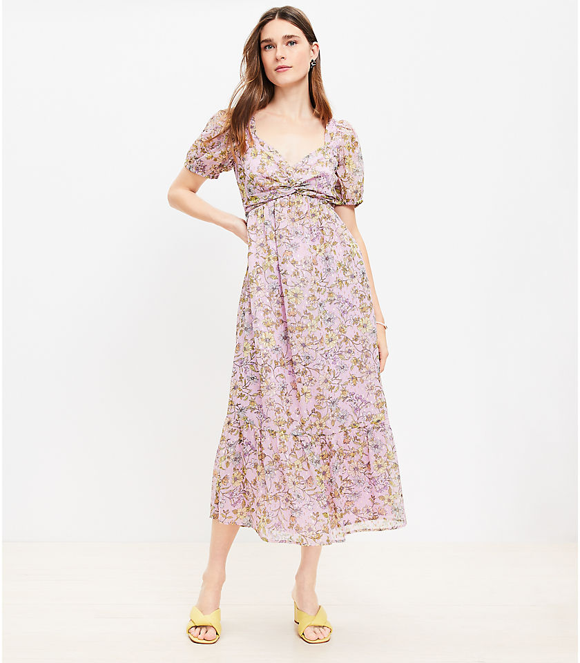 Petite Floral Clip Knotted Balloon Sleeve Midi Dress