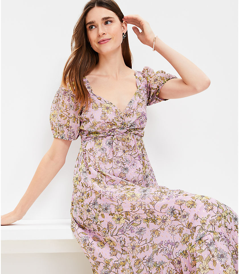 Petite Floral Clip Knotted Balloon Sleeve Midi Dress