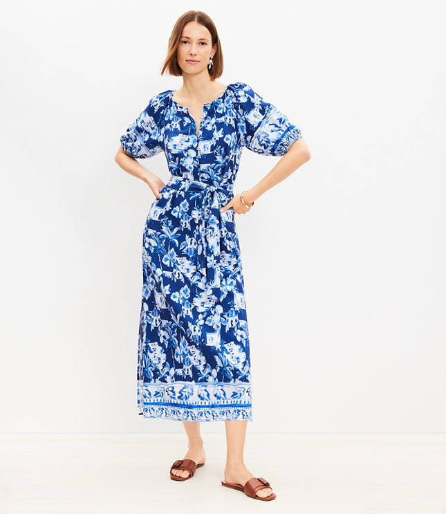 Petite Floral Button Puff Sleeve Midi Dress