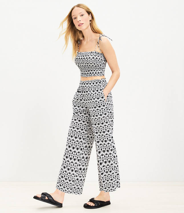 Petite LOFT Beach Scroll Smocked Wide Leg Pants