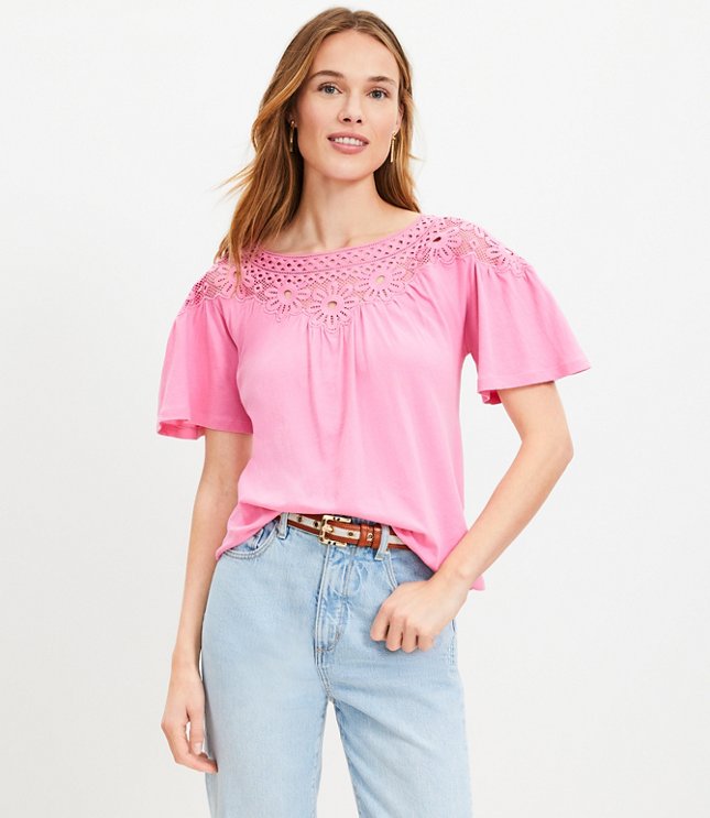 Petite Pineapple Ruched Yoke Mixed Media Top