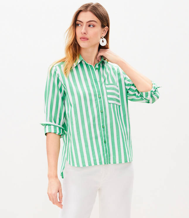 Striped Tie Front Linen Blend Shirt