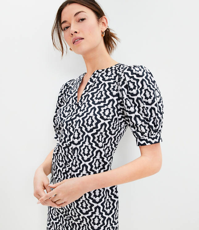 Button-Front Balloon Sleeve Mini Dress