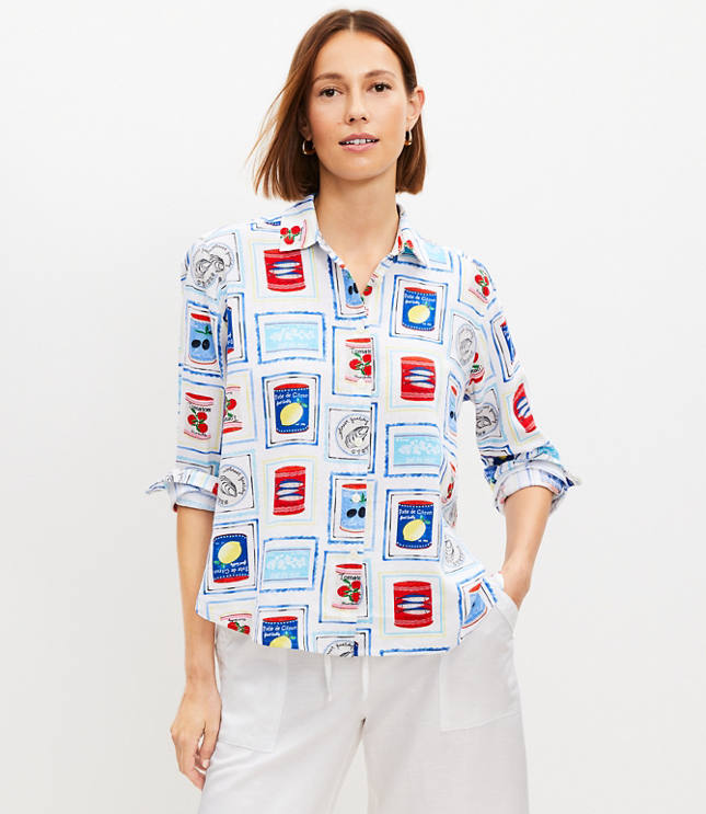 Petite Can Print Linen Blend Relaxed Shirt