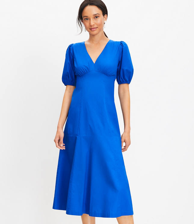 Poplin Tie Back Puff Sleeve Midi Dress