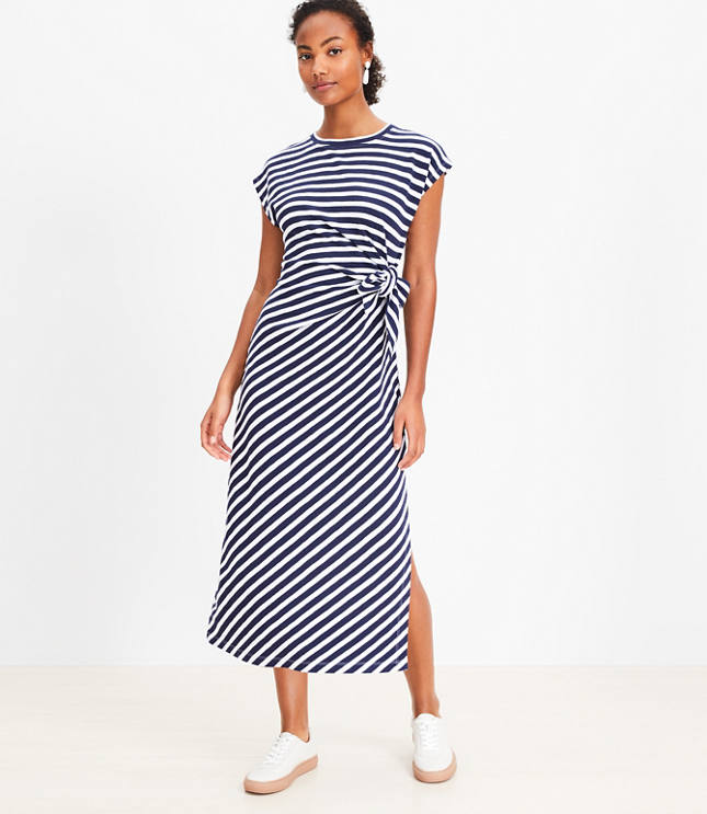 Petite Stripe Knotted Cap Sleeve Midi Dress