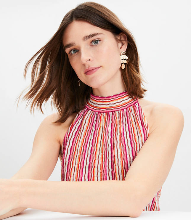 Pointelle Shirred Halter Tank Top