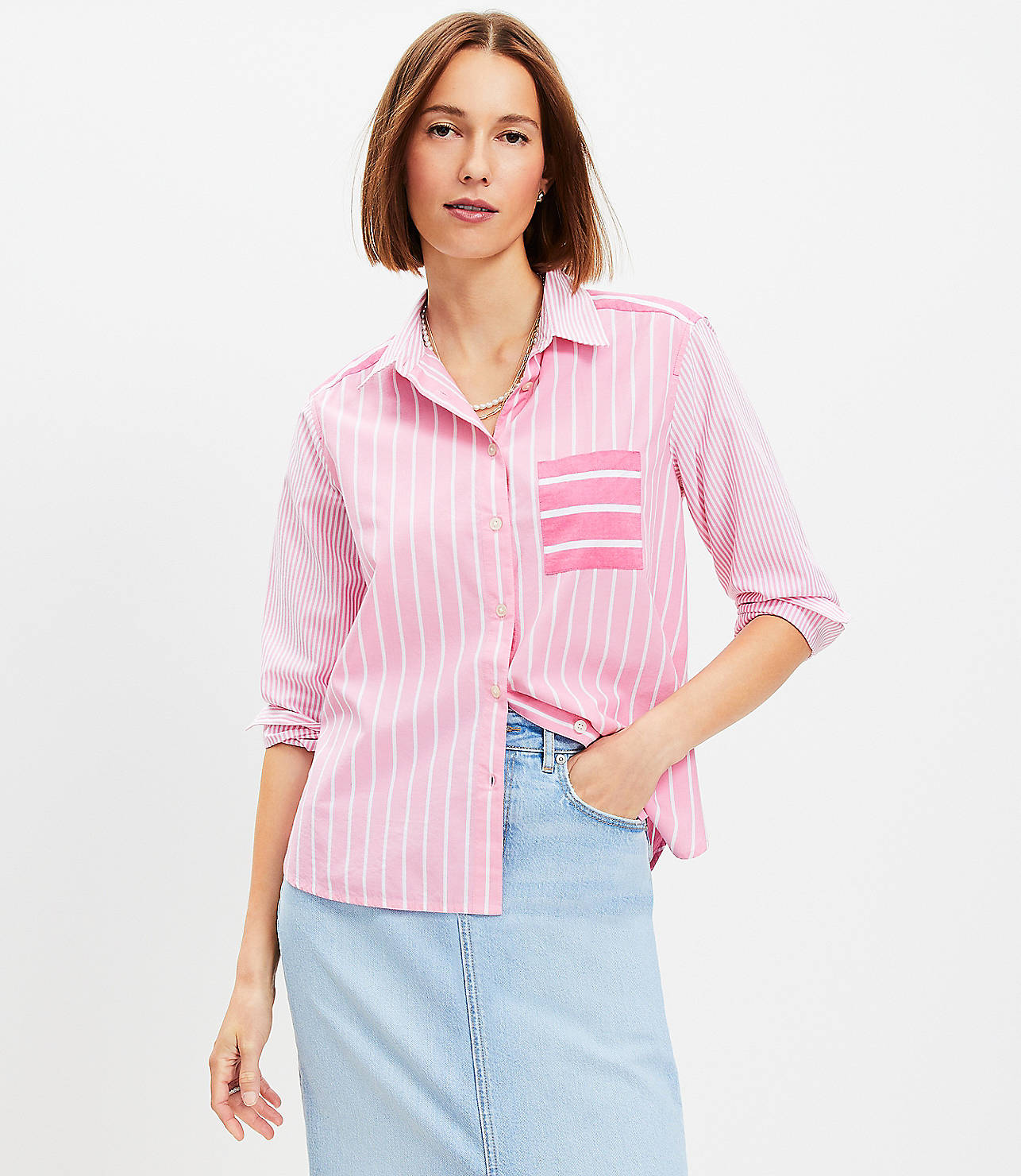 Petite Striped Cotton Blend Relaxed Shirt