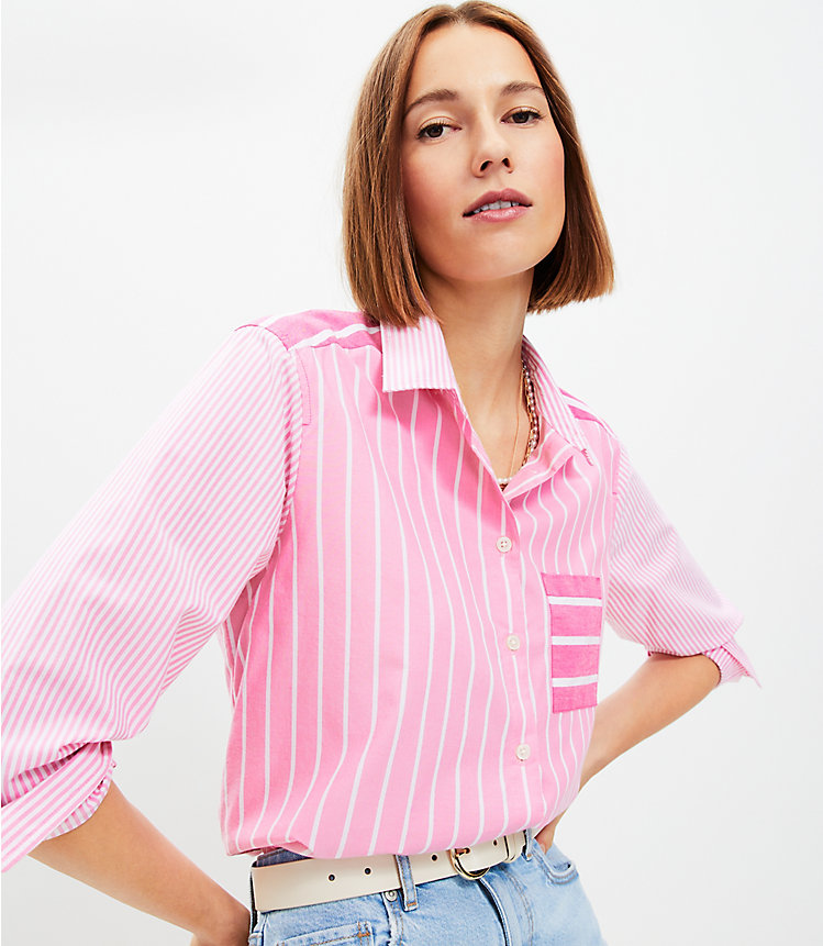 Petite Striped Cotton Blend Relaxed Shirt image number 1