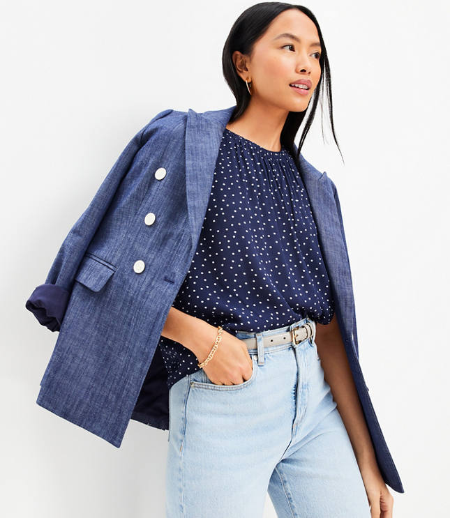 bloom shell top - black chambray with shirred sides
