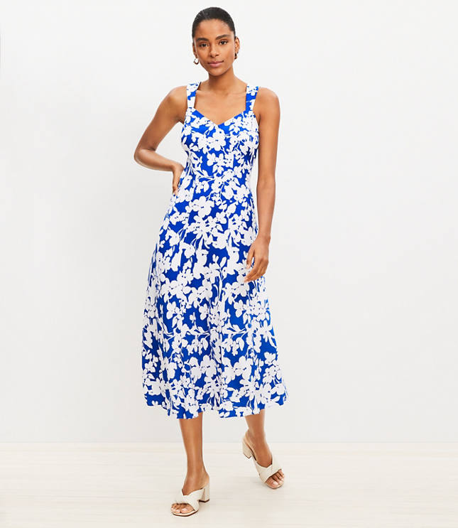 Petite Floral Button Puff Sleeve Midi Dress