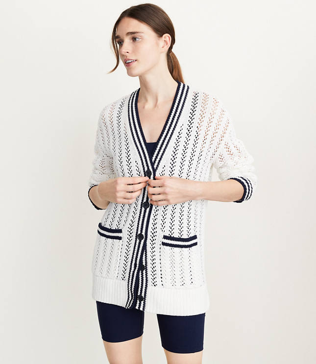 Lou & Grey Tipped Mesh V-Neck Pocket Cardigan