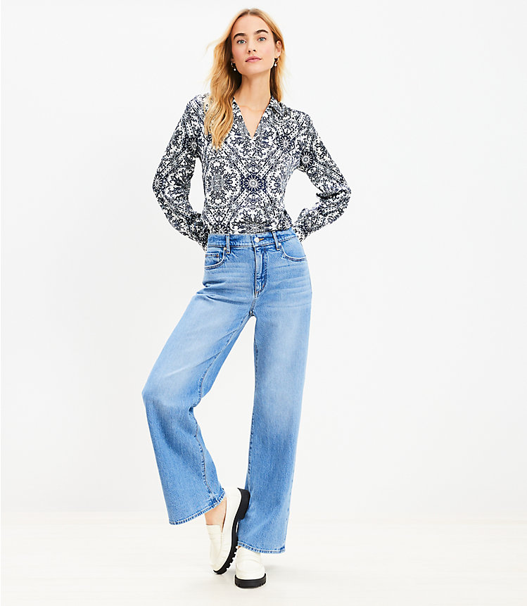 Petite High Rise Wide Leg Jeans in Bright Mid Indigo Wash image number 1