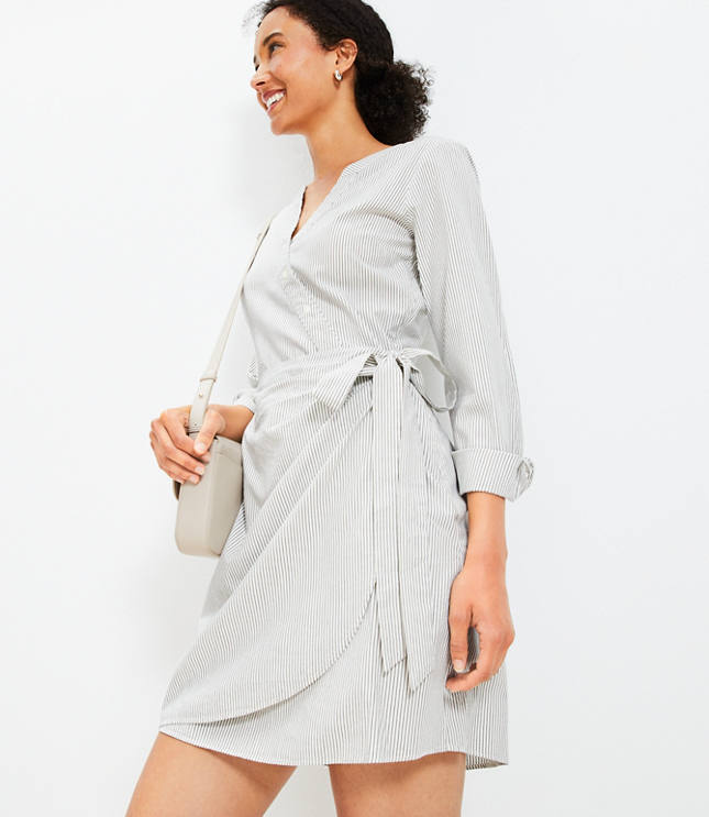 Striped Mini Wrap Shirtdress - Popcorn