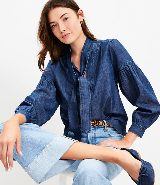 Chambray Tie Neck Blouson Sleeve Blouse