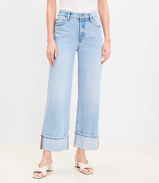 Petite Flip Cuff High Rise Wide Leg Crop Jeans in Light Wash