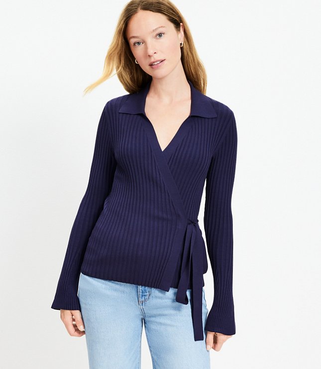 Ribbed Collared Wrap Sweater