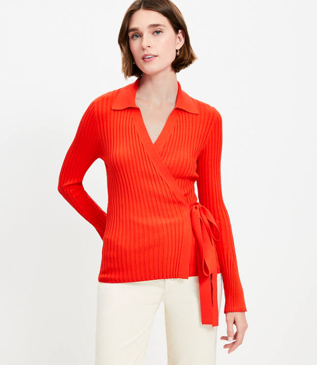 Ribbed Collared Wrap Sweater