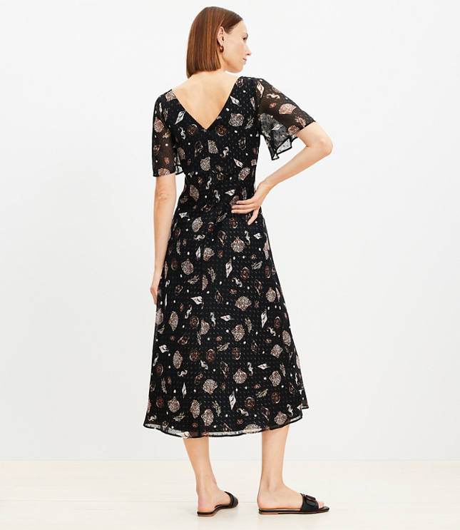 Metallic Clip Flutter Sleeve Midi Dress