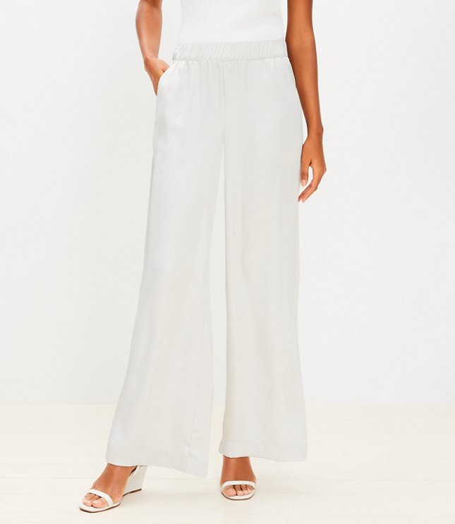 Fluid Pull On Wide Leg Pants in Satin - Canvas