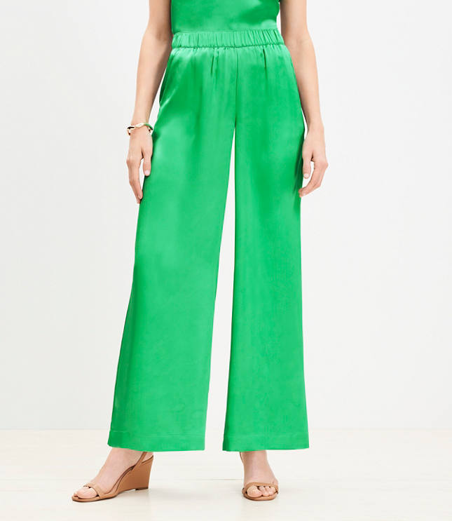 Petite Pull On Wide Leg Pants in Striped Linen - Deep Space Blue