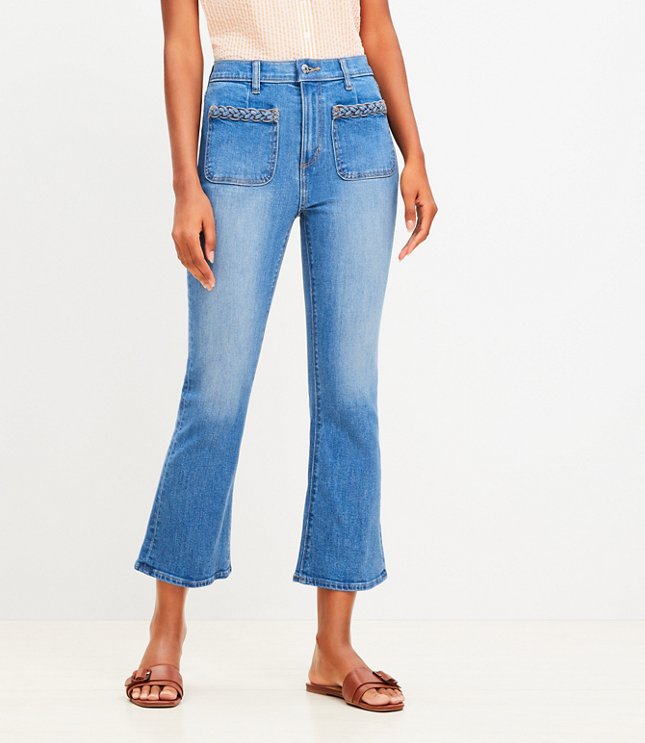 Braided High Rise Kick Crop Jeans in Classic Mid Wash
