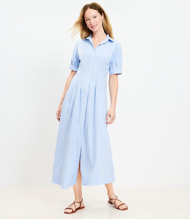 Stripe Pleated Bodice Midi Shirtdress