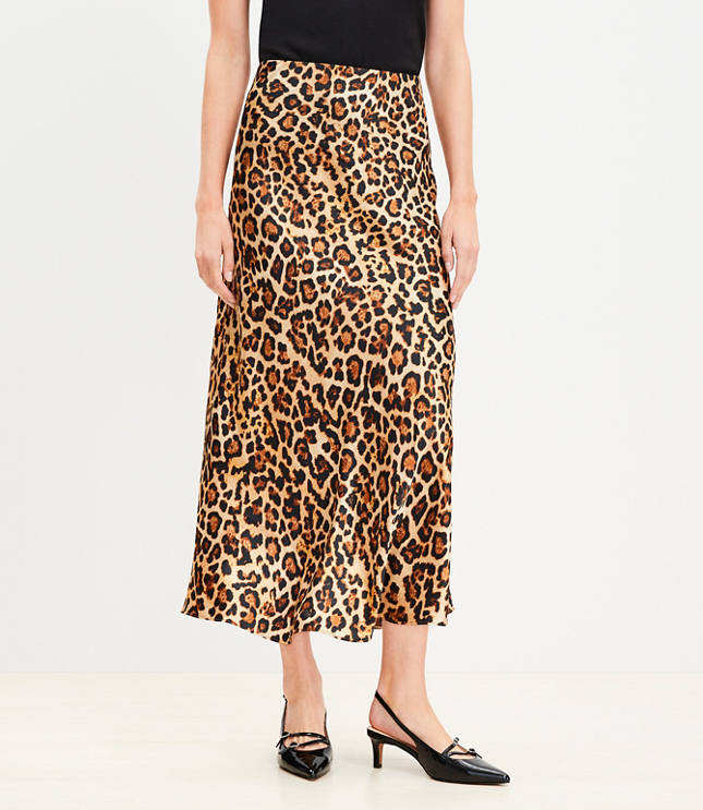 Leopard Print Bias Midi Skirt - Cashew Beige