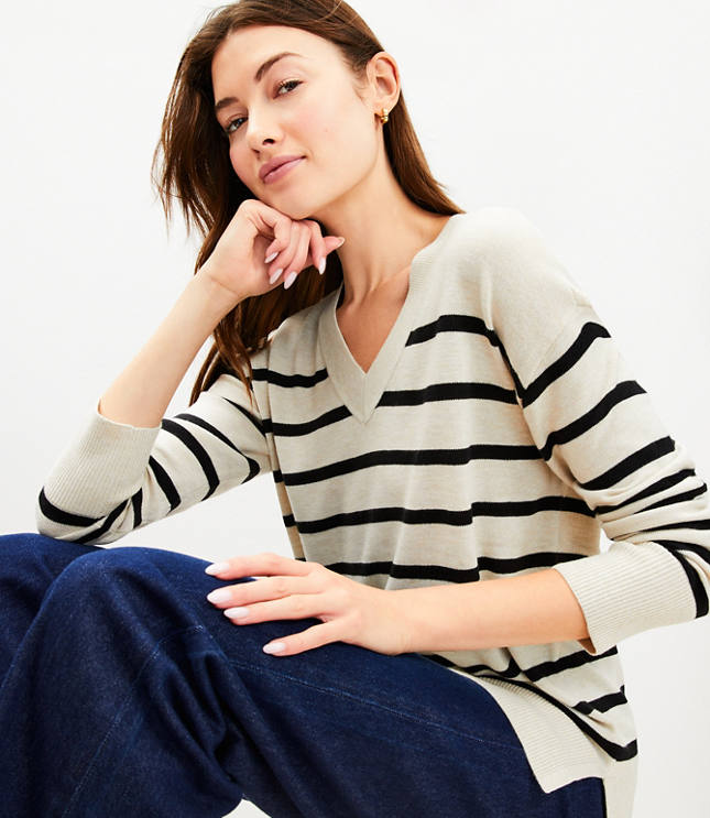 Striped Luxe Knit V-Neck Tunic Sweater - Soft Sandstone