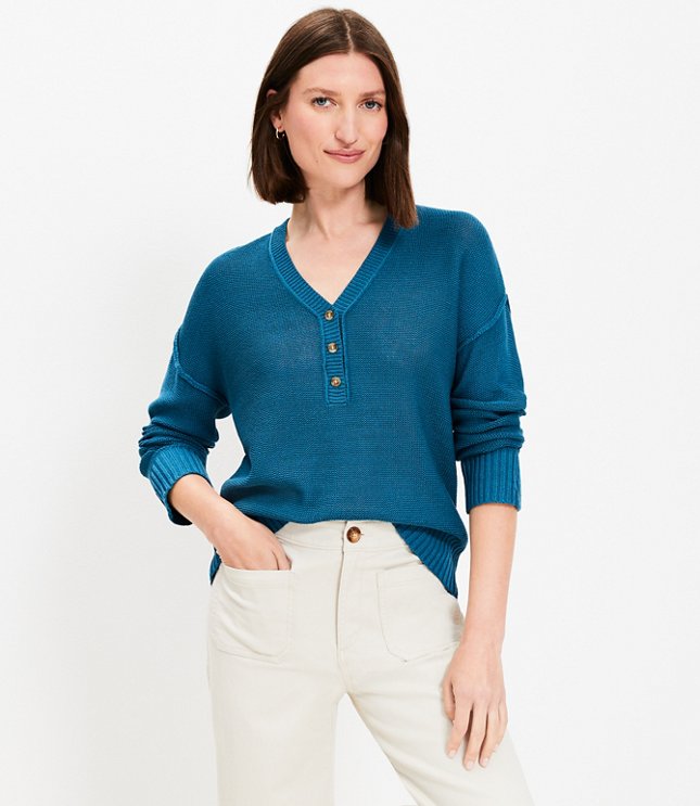 Petite Textured Stitch Henley Sweater