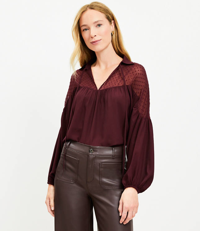 Loft Clip Yoke Tie Neck Mixed Media Blouse