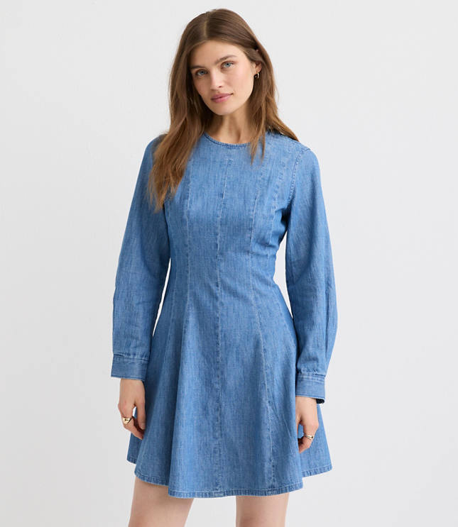 Petite Chambray Seamed Barrel Sleeve Mini Dress