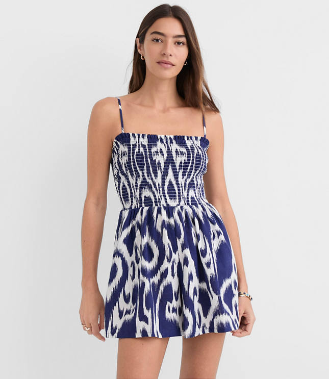 Petite LOFT Beach Ikat Linen Cotton Smocked Romper