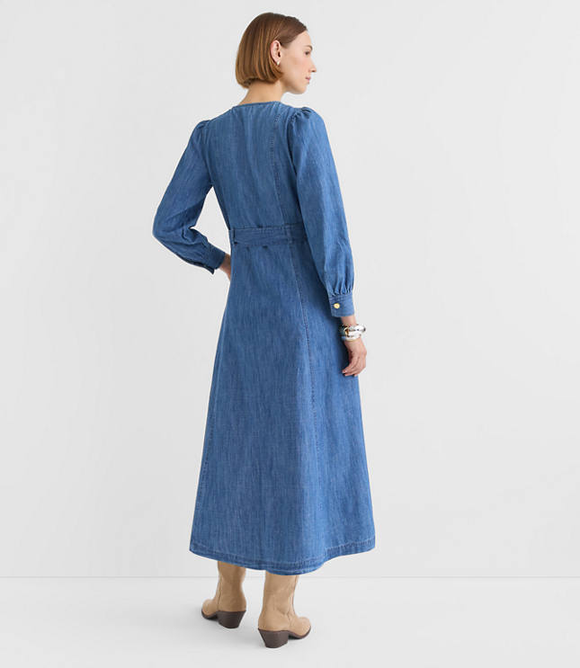 Petite Chambray Balloon Sleeve Midi Pocket Dress
