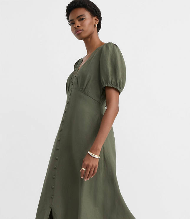 Petite Lace Trim Linen Blend Midi Dress