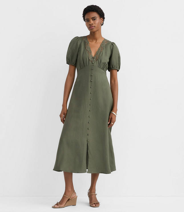 Petite Lace Trim Linen Blend Midi Dress