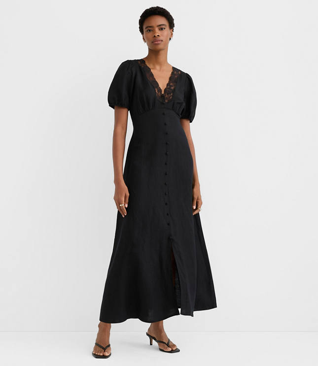 Petite Lace Trim Linen Blend Midi Dress
