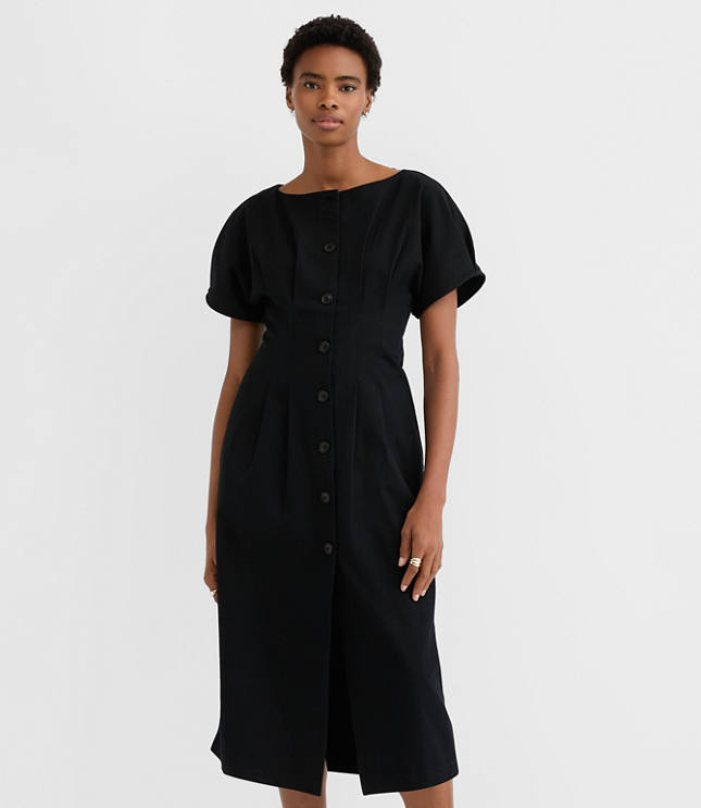 Petite Pleated Barrel Sleeve Midi Pocket Dress