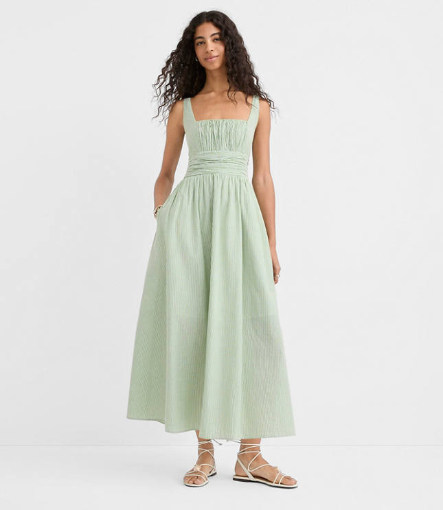 Stripe Shirred Square Neck Midi Pocket Dress carousel Product Image 1