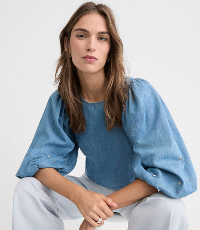 Studded Chambray Puff Sleeve Blouse
