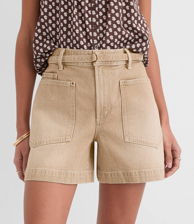 Tall Belted Denim Utility Shorts in Washed Neutral